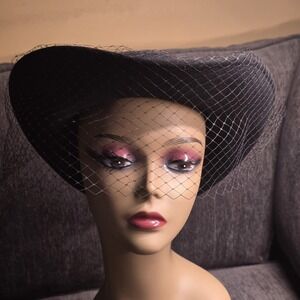 Bollman Americana Black Wool Felt Wide Brim Hat Birdcage Veil Satin‎ Rose USA